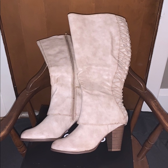 TORRID faux leather tan lattice knee high boots - Picture 5 of 7